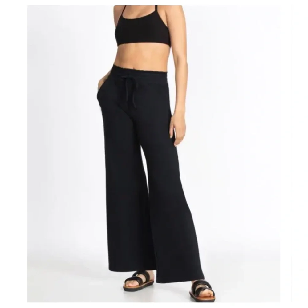 Wide Leg Relaxed French Terry Drawstring Raw Edge Hem Pants - Picture 2 of 5